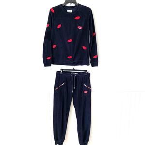 Zoe Karssen Kiss Kiss Bang Bang Navy Blue Velour Jogger Tracksuit Sweatsuit XS S